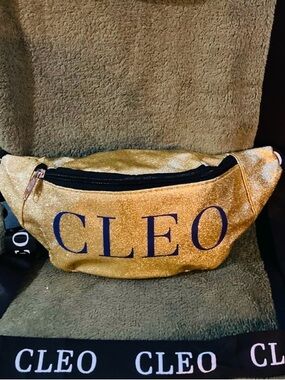CLEO Gold Glitter Waist Bag with Purple Logo